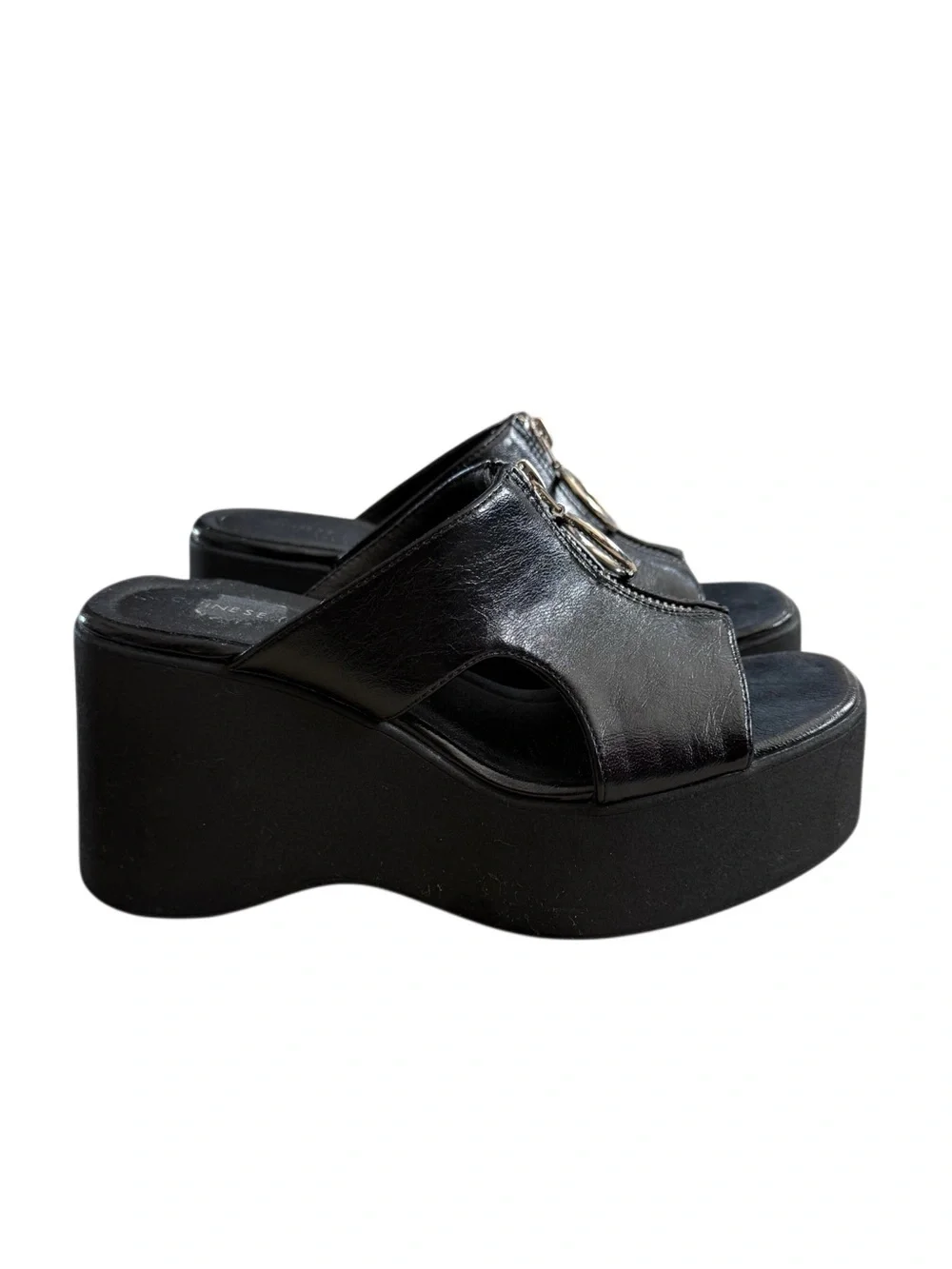 Y2K Chinese Laundry Black Platform Slide Wedges with Front Zip Accent Size 6